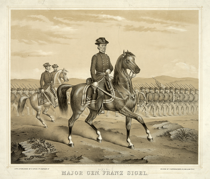 Print showing Major General Franz Sigel, riding on horseback with troops marching in formation. Courtesy of the Library of Congress.