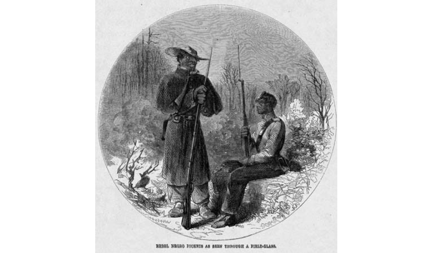 A drawing published in Harper's Weekly, depicting African American soldiers in the Confederate States Army. Image courtesy of the Library of Congress.