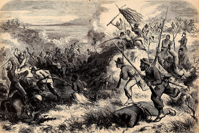 A print of a Thomas Nast wood engraving, depicting the Battle of Island Mound. Courtesy of the Internet Archive.