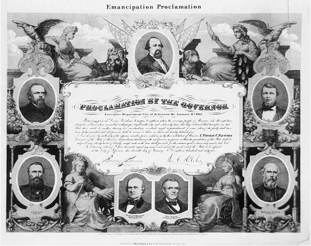 Illustration commemorating Missouri's Emancipation Proclamation. Courtesy of the Library of Congress.