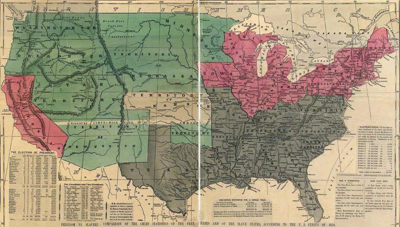 Political map delineating the slave states, free states, and open territories, ca. 1856. Courtesy of the Library of Congress.