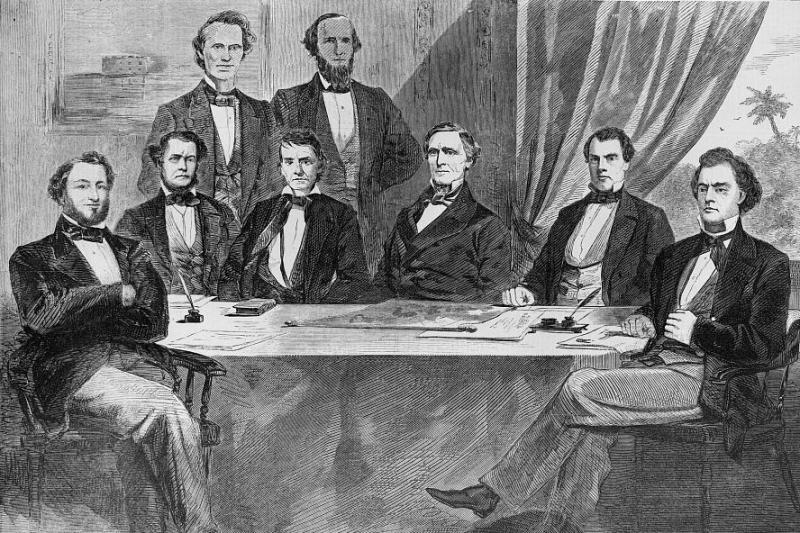 Illustration of Jefferson Davis and his Confederate cabinet, originally printed in Harper's Weekly. Courtesy of the Library of Congress.