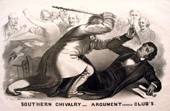 Lithograph of Preston Brooks' 1856 attack on Sumner. Courtesy of the New York Public Library.