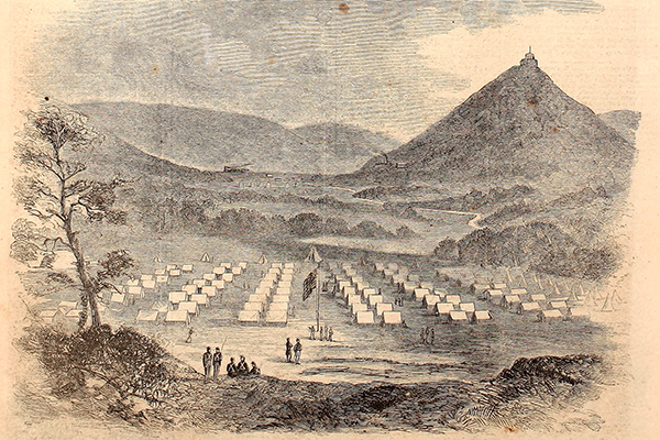 Camp Blood in 1861, near Pilot Knob, Missouri. Camp Blood became Fort Davidson in 1863 when permanent fortification was constructed. Courtesy of the Internet Archive.