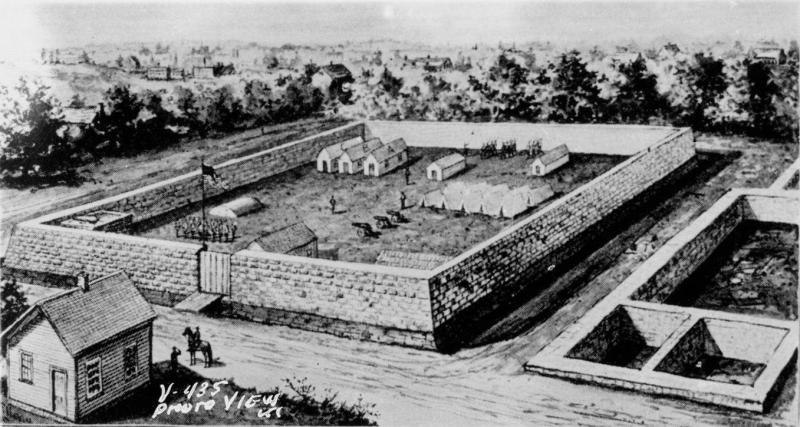 Camp Union, built at the future site of the Coates House Hotel in Kansas City, Missouri. Image courtesy of the Missouri Valley Special Collections.