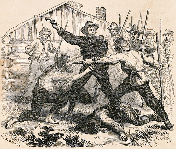 Colonel Henry T. Titus being captured by Samuel Walker's men at Fort Titus. Courtesy of the Internet Archive.