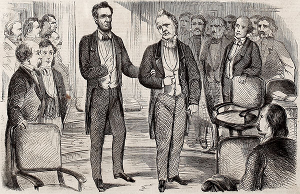 Illustration of James Buchanan leading Abraham Lincoln into the Senate Chamber before Lincoln's inauguration. Image courtesy of the Internet Archive.