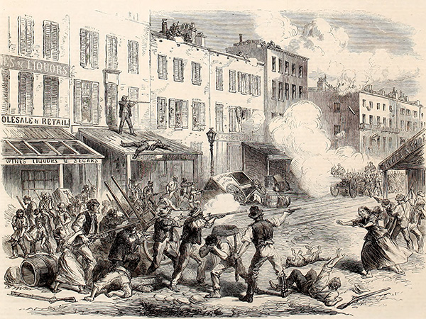 Sketch of the New York draft riots from an 1863 issue of The Illustrated London News. Courtesy of the Internet Archive.