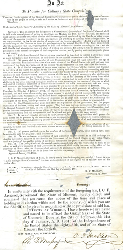Act to Provide for Calling a State Convention, 1861. Courtesy of the Missouri State Archives.