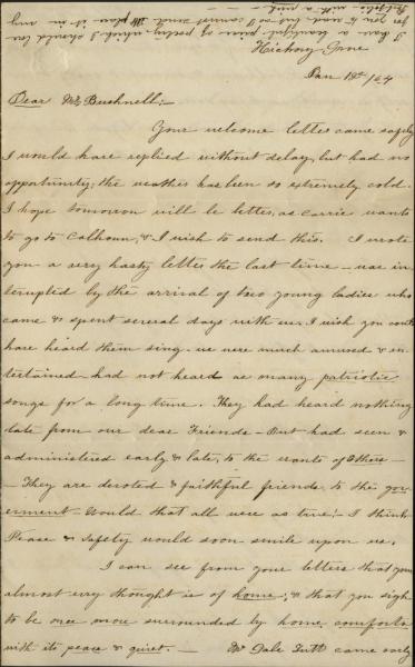 Letter from Eugenia Bronaugh to John A. Bushnell, January 12, 1864. Courtesy of the Missouri Valley Special Collections.