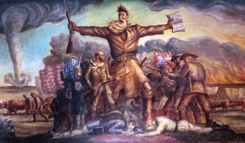 John Brown in "The Tragic Prelude," displayed at the Kansas State Capitol in Topeka. Painted by John Steuart Curry, ca. 1938-1940. Image from Wikimedia Commons.