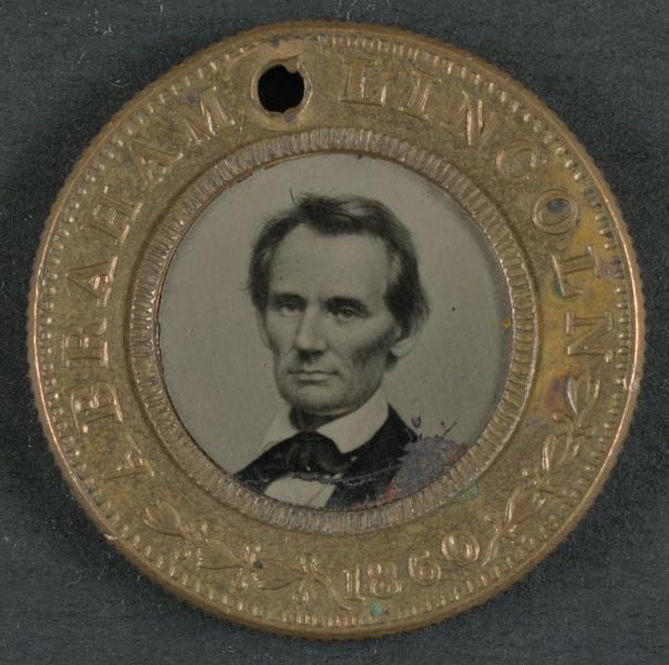 An 1860 Abraham Lincoln campaign button. Courtesy of the Library of Congress.