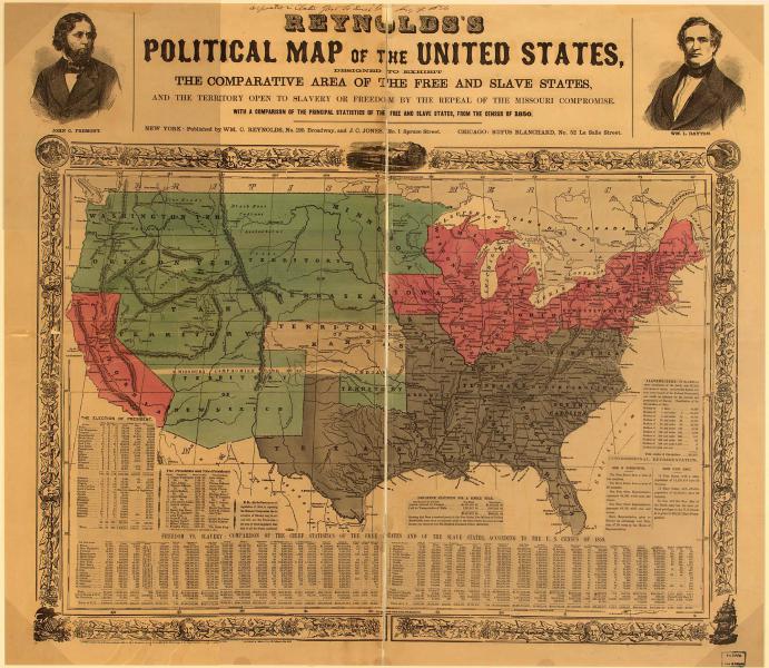 Political map delineating the slave states, free states, and open territories, ca. 1856. Courtesy of the Library of Congress.