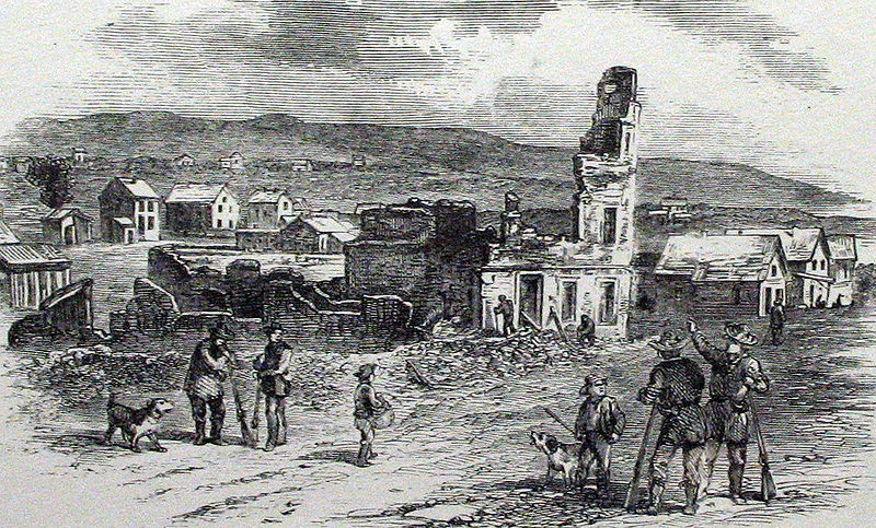 Ruins of the Free State Hotel after the Sacking of Lawrence. The New England Emigrant Aid Company established the town of Lawrence and set up their headquarters at the Free State Hotel. Image courtesy of the Internet Archive.