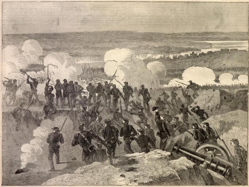 Drawing of the First Battle of Lexington, aka the Battle of the Hemp Bales. Courtesy of Harper's Weekly.