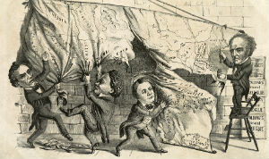 A political cartoon satirizing Lincoln, Douglas, Breckinridge, and Bell, the four candidates vying for office in the 1860 presidential campaign. Courtesy of the Library of Congress.