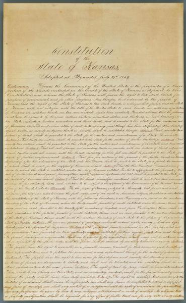 The first page of the Wyandotte Constitution. Image courtesy of the Kansas Historical Society.