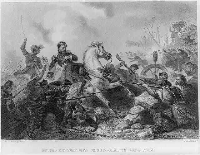 An illustration of General Lyon falling off his horse after getting shot in the Battle of Wilson's Creek. Image courtesy of the Library of Congress.