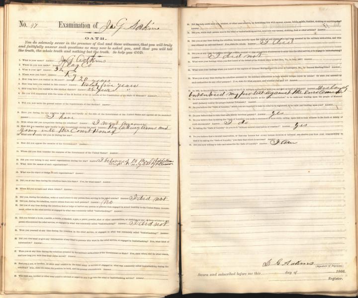 An Oath of Loyalty to the United States, signed by James G. Adkins, a resident of Clay County, Missouri.