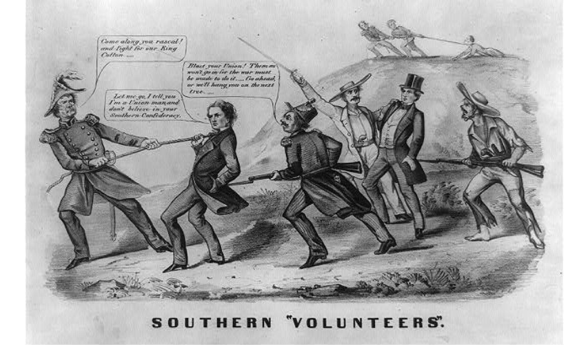 An 1862 political cartoon criticizing the Confederate "Twenty Negro Law." Courtesy of the Library of Congress.