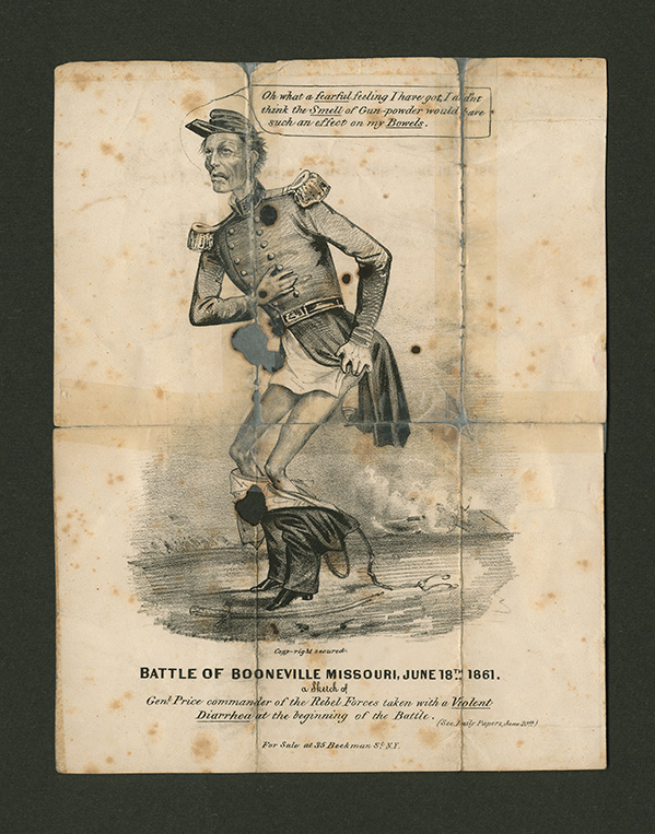 Cartoon depicting Confederate General Sterling Price “taken with a Violent Diarrhea” at the beginning of the Battle of Boonville. Courtesy of Missouri Valley Special Collections.