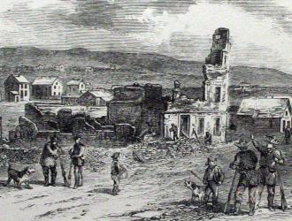 Depiction of the ruins of Free State Hotel after the Sacking of Lawrence
